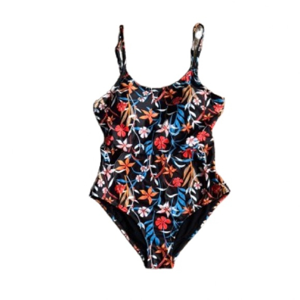 Floral One-Piece Swimsuit - Black with Multicolor Floral Print